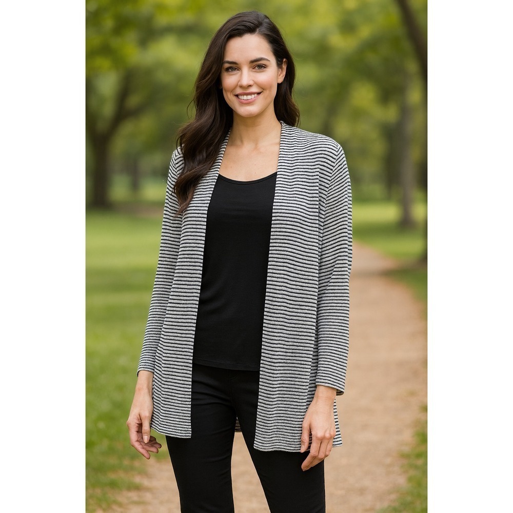 Eileen Fisher Striped Organic Linen Blend Open Cardigan Size XL Black|White